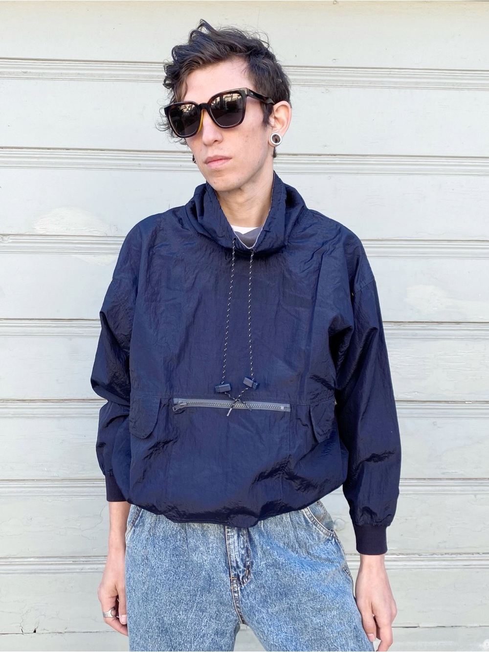 espirit dark blue kangaroo pouch windbreaker jacket